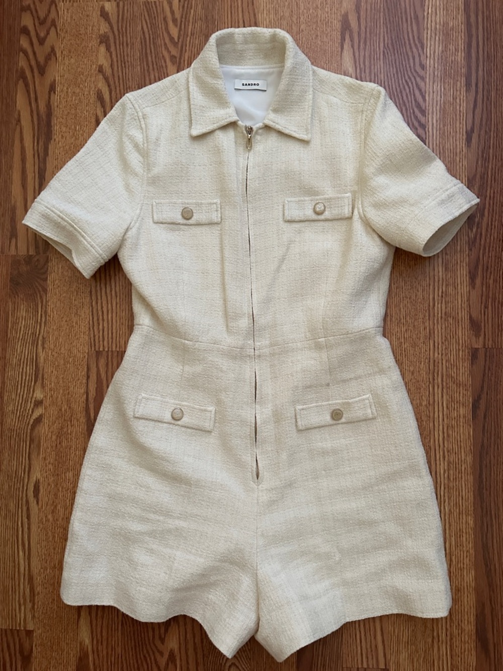 Sandro Cream Short-Sleeve Tweed Romper with Front Zip